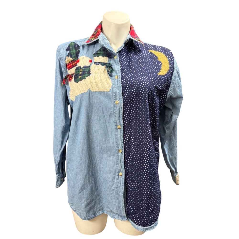 Vintage Blue Mountain Sportswear Snowman Star Denim Button Up Shirt Womens L